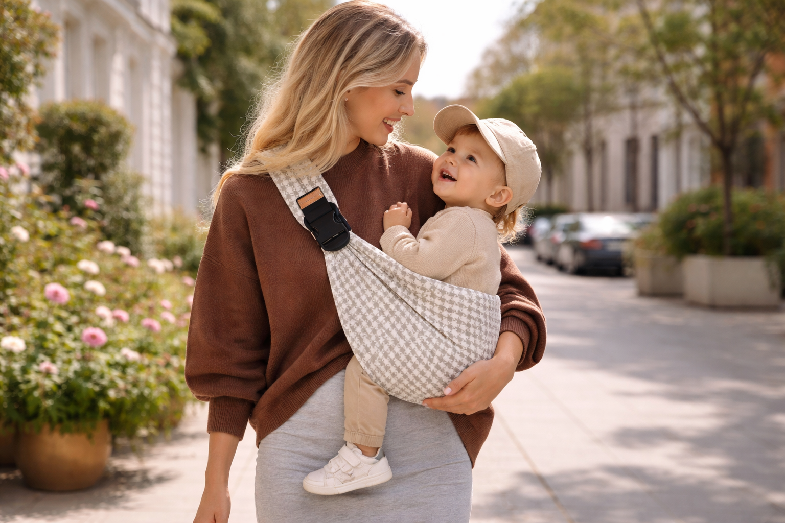 Maman blonde qui porte son bébé dans un porte bébé sling à motif pied-de-poule en ville