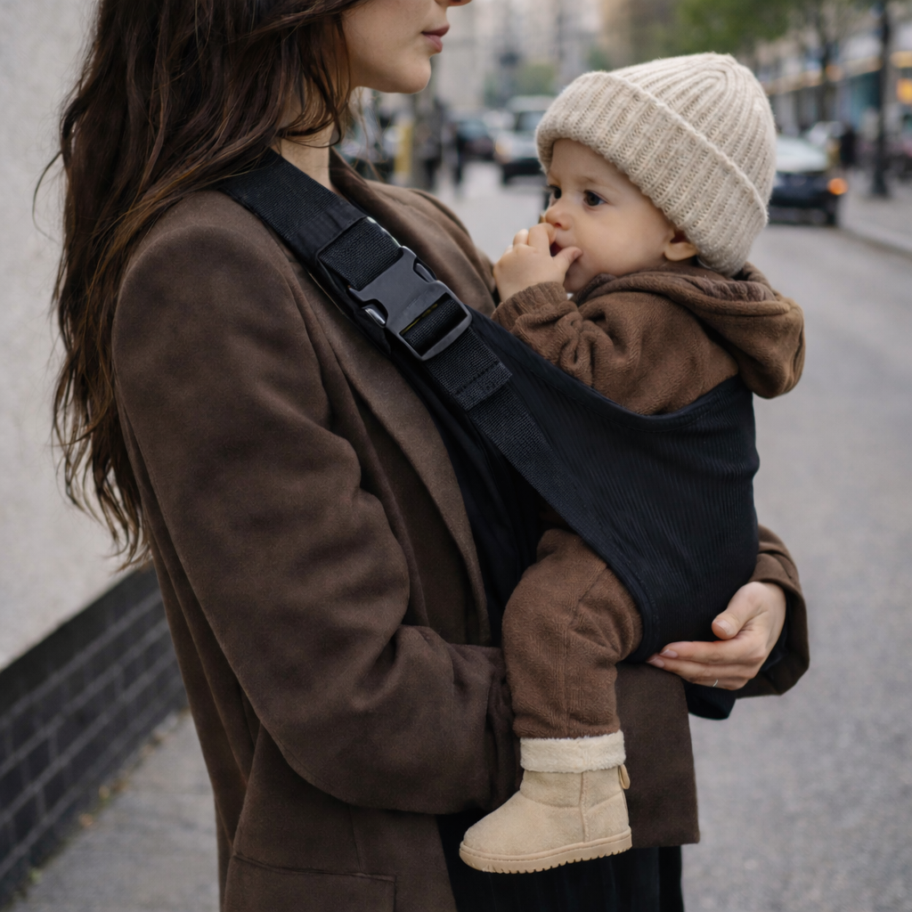 Porte-bébé style sling avec portage hanche, vue de profil, bébé porté par sa maman sur le côté. Matière velours cotelé noir coton doux. Confortable et sangle sécurisée