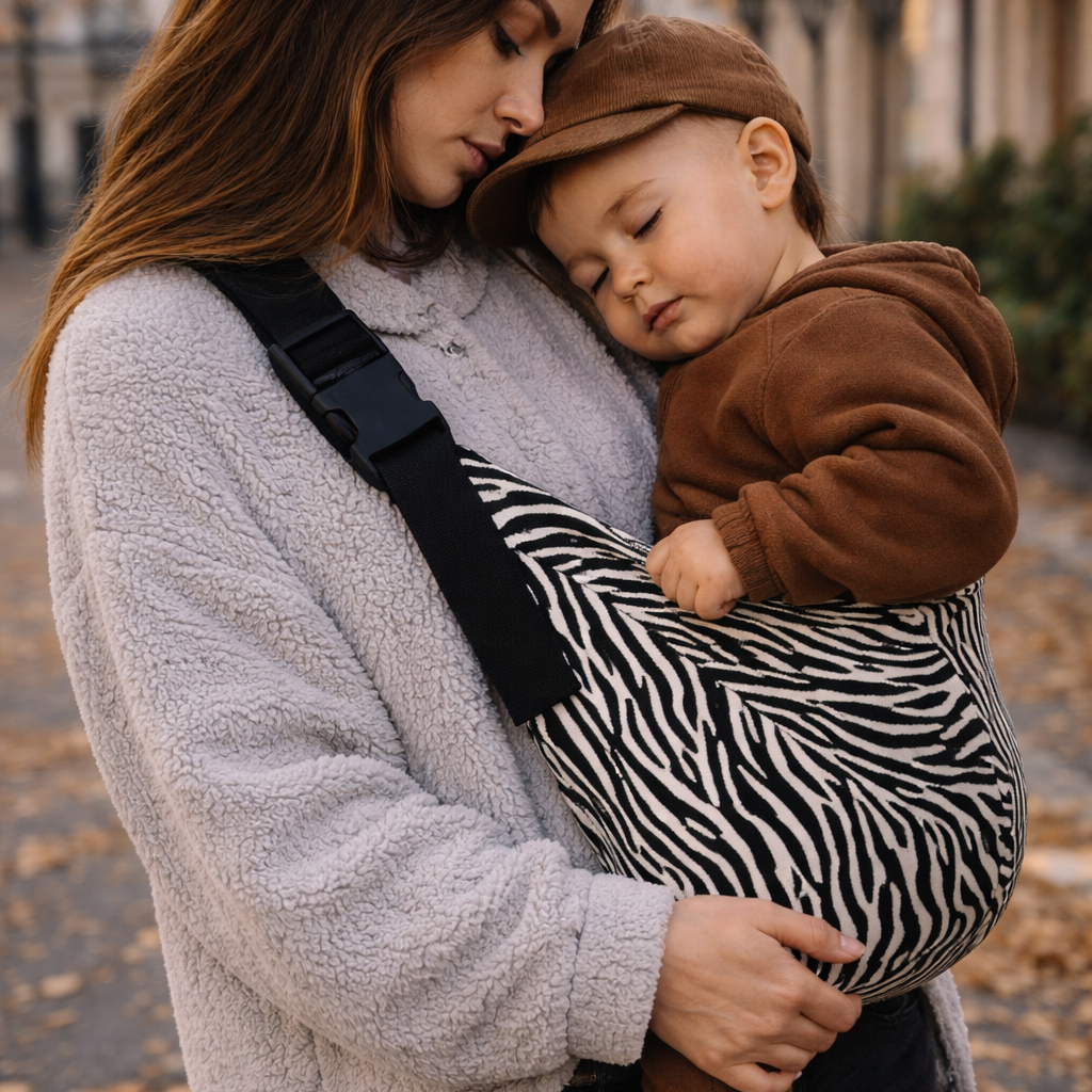 Maman brune qui tient son bébé dans un porte-bébé zebre. Le bébé dort paisiblement et il porte une casquette. Ils sont en ville durant l'automne