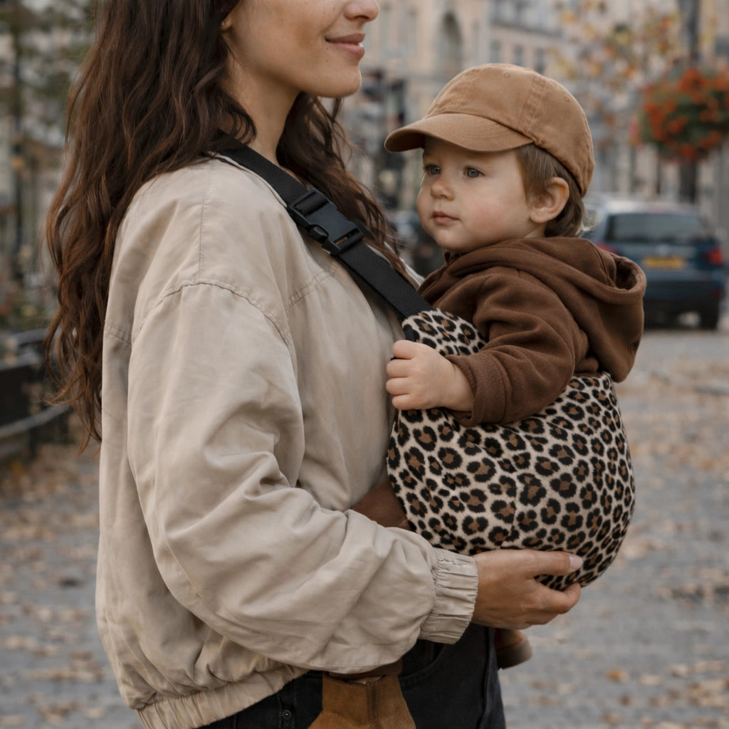 maman portant son enfant en position M dans un porte bebe sling portage hanche en ville en automne