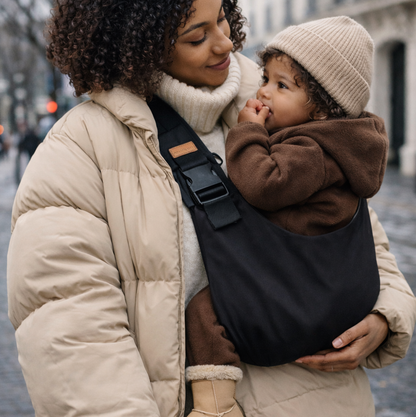 Maman tient son bébé dans un porte-bébé sling portage hanche noir, position en M, en ville