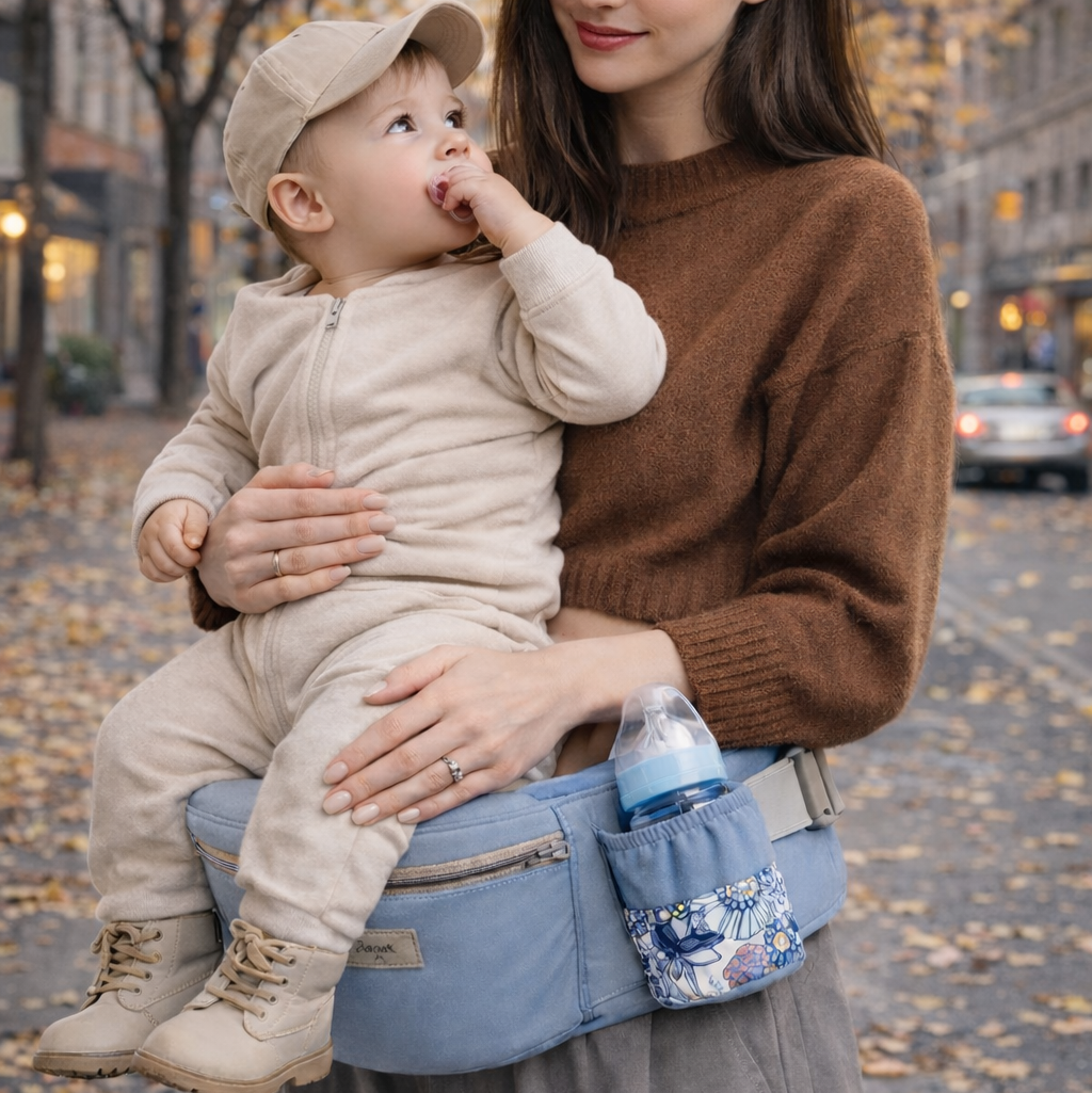 maman qui porte son bébé dans un porte-bébé multi position bleu, en ville. la maman le tient pour qu'il soit maintenu