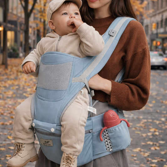 maman qui porte son bébé dans un porte-bébé multi position bleu, en ville 