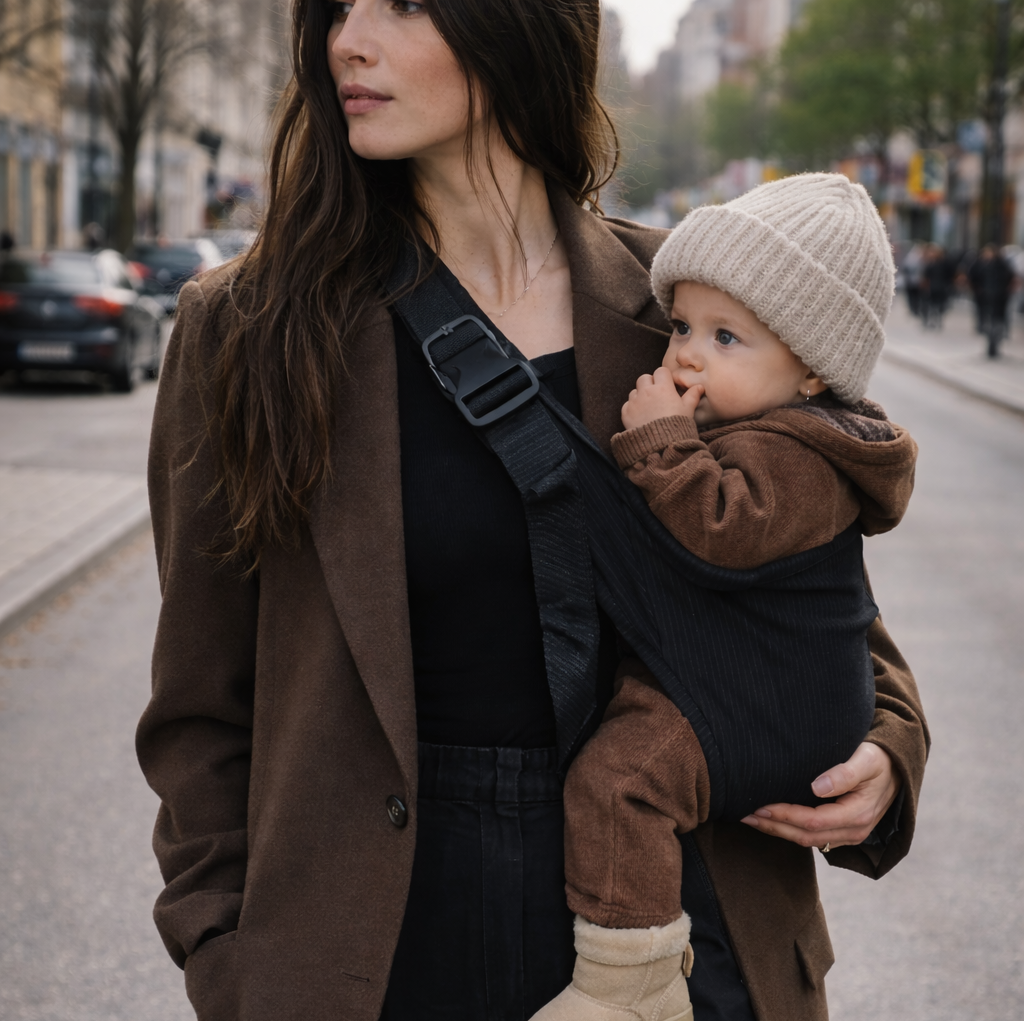 Porte-bébé style sling avec portage hanche, vue de côté, bébé porté par sa maman sur le côté. Matière velours côtelé coloris noir