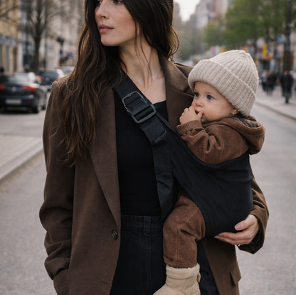 Porte-bébé style sling avec portage hanche, vue de côté, bébé porté par sa maman sur le côté. Matière velours côtelé coloris noir