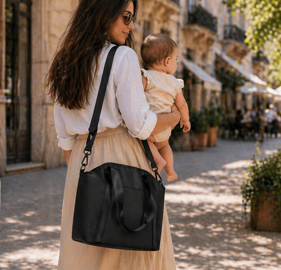Black Leather Baby Changing Bag