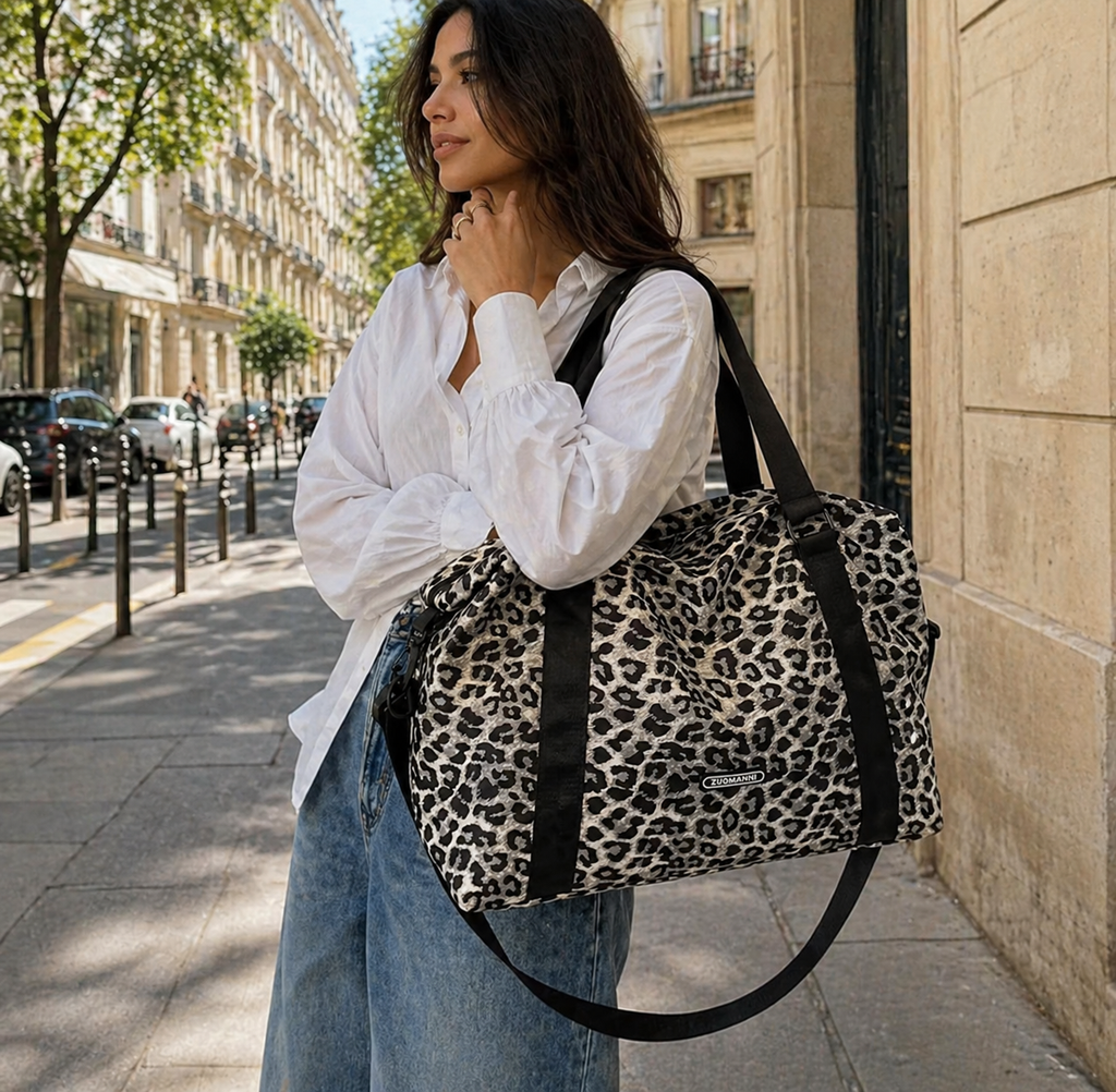 Maman brune qui se balade avec son sac à langer léopard. Elle a dans son sac l'essentiel de bébé pour la journée