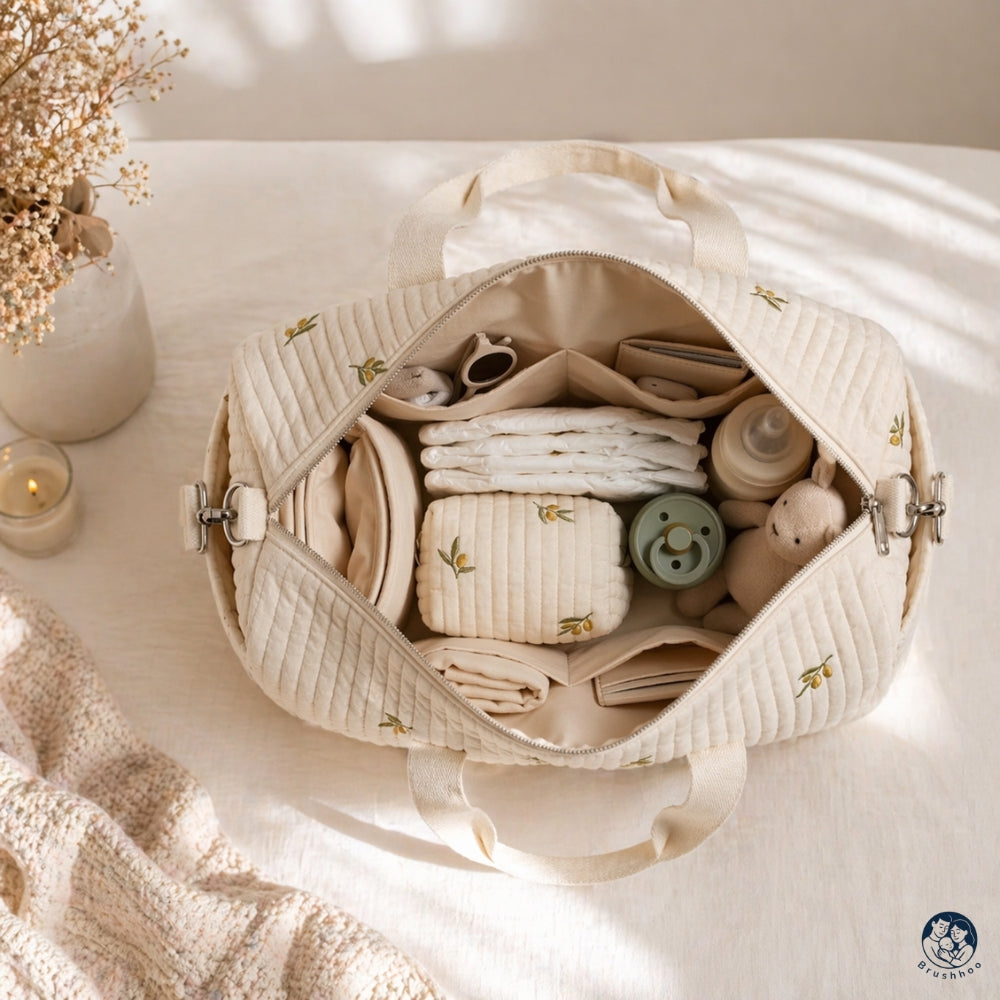Sac à langer beige brodée motif olivier avec l'essentiel bébé, biberons, couches, doudou.