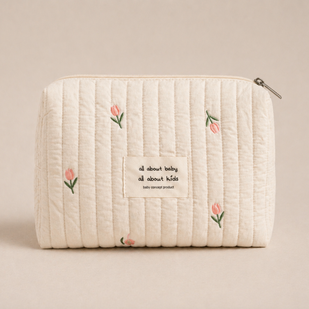 Trousse de rangement beige motif tulipes, parfait pour l'essentiel de votre bébé. Avec un arrière plan beige nuancier en vue de face