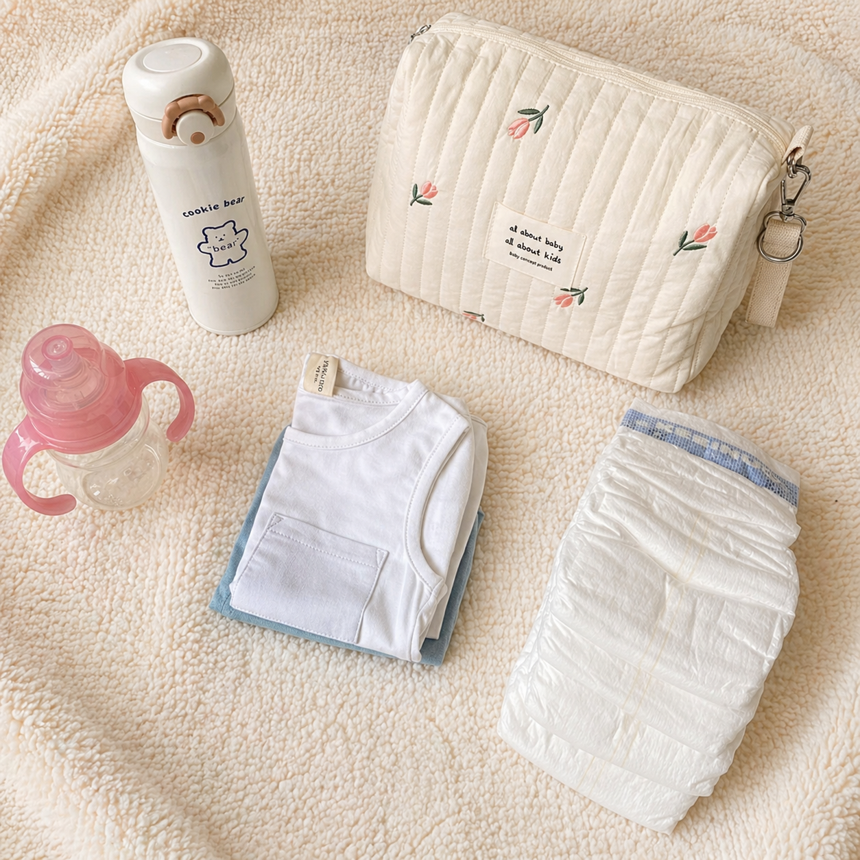 Trousse de rangement beige motif olive, parfait pour l'essentiel de votre bébé. Avec un arrière plan beige cocooning