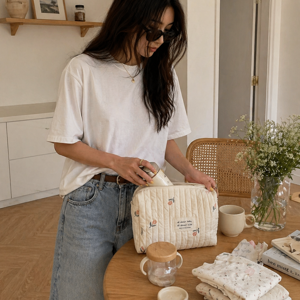 Maman brune qui prépare sa trousse de rangement bébé. Elle tient une trousse de rangement bébé qui lui permet d'avoir l'essentiel bébé pour sa balade