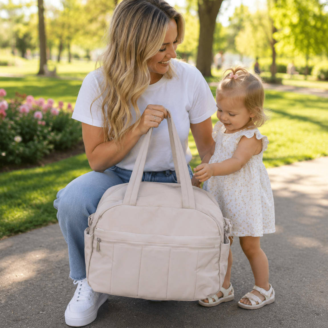 maman qui son sac à langer matelassé dans les bras, sa fille marche à coté d'elle dans le parc 