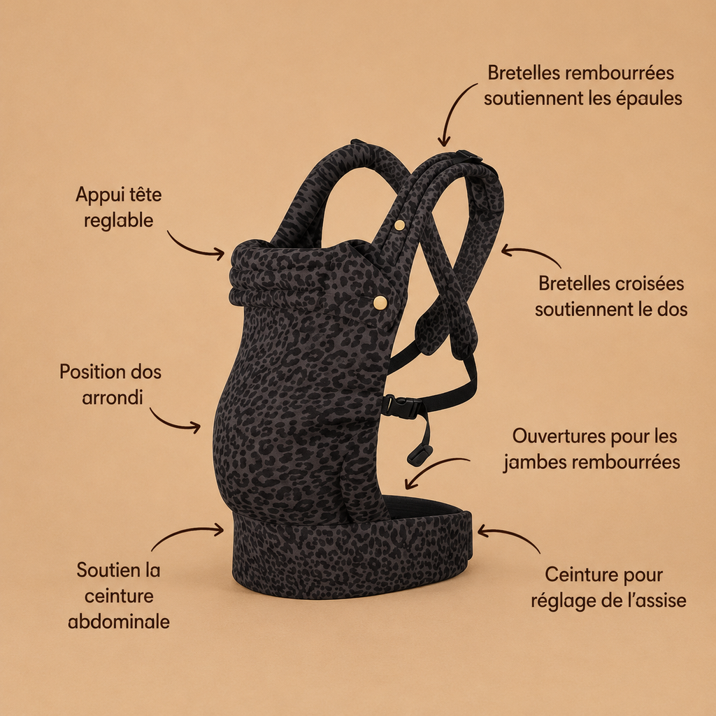 Porte-bébé kangourou brushhoo motifs Léopard gris, bretelles rembourrées, soutien dos, ceinture réglable, position arrondi avec les bénéfices du porte-bébé