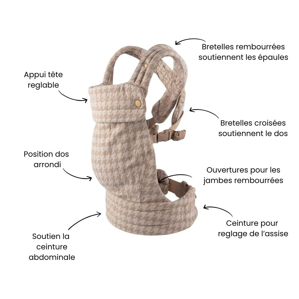 porte-bébé beige pied de poule, bretelles rembourrées, soutien épaules, ceinture réglable, vue de côté