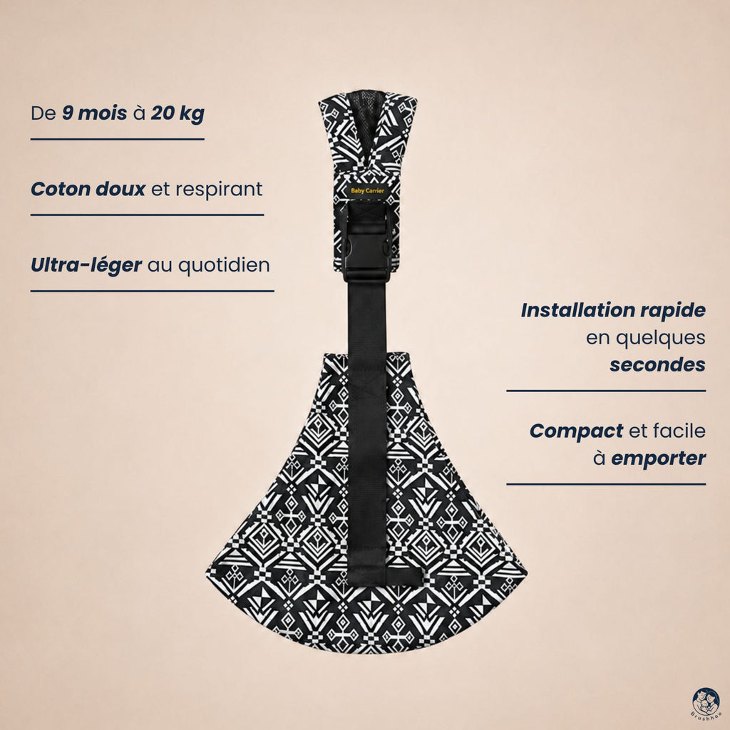 Porte-bébé sling aztek vue de face sur un fond beige nuancier avec tous les bienfaits du sling