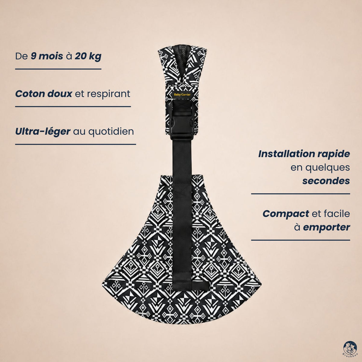 Porte-bébé sling aztek vue de face sur un fond beige nuancier avec tous les bienfaits du sling