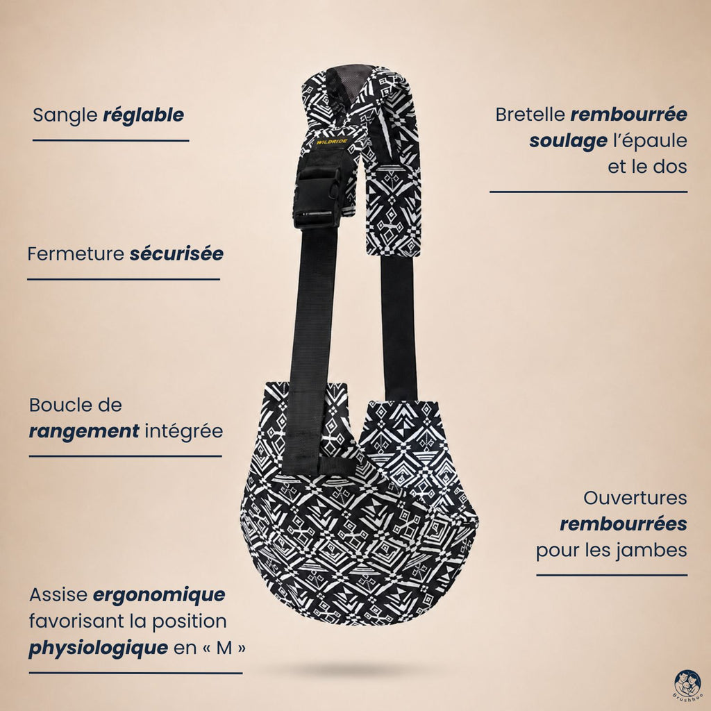 Porte bébé sling aztek noir sur fond beige nuancier. Avec les fonctions et les caractéristiques du porte-bébé