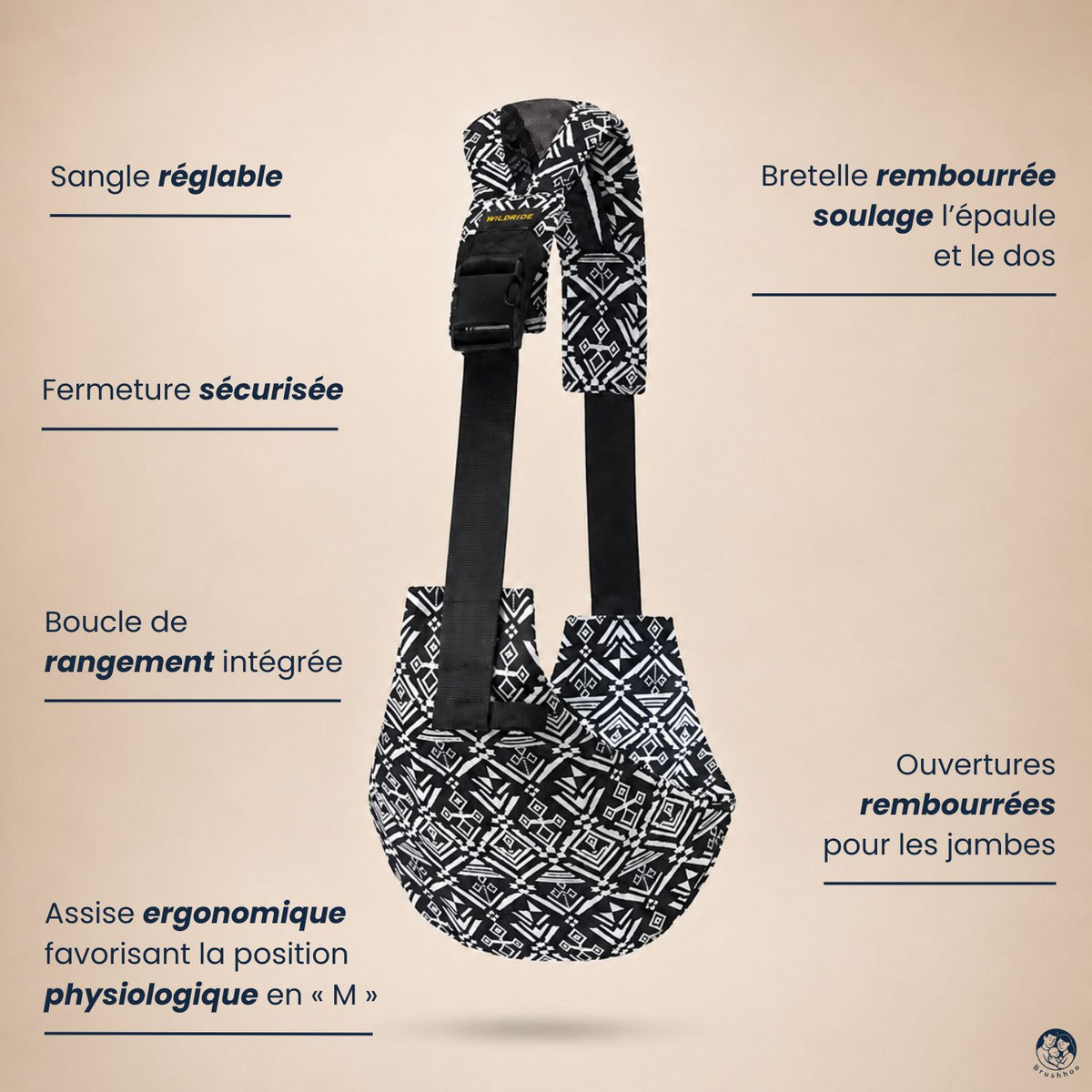 Porte bébé sling aztek noir sur fond beige nuancier. Avec les fonctions et les caractéristiques du porte-bébé