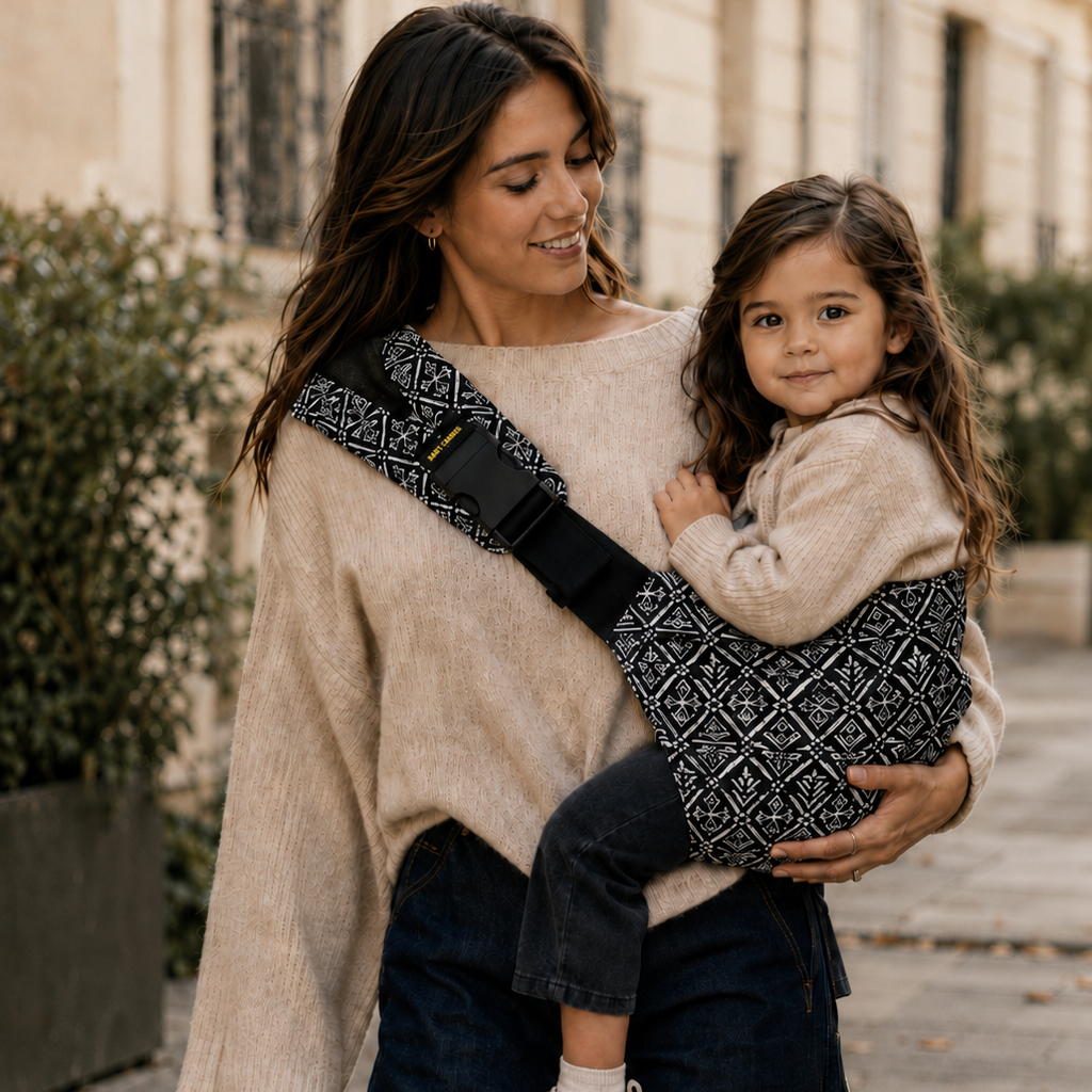 maman brune qui porte sa petite fille de 3 ans prête pour la rentrée. Elle est bien reposée dans le porte-bébé sling aztek