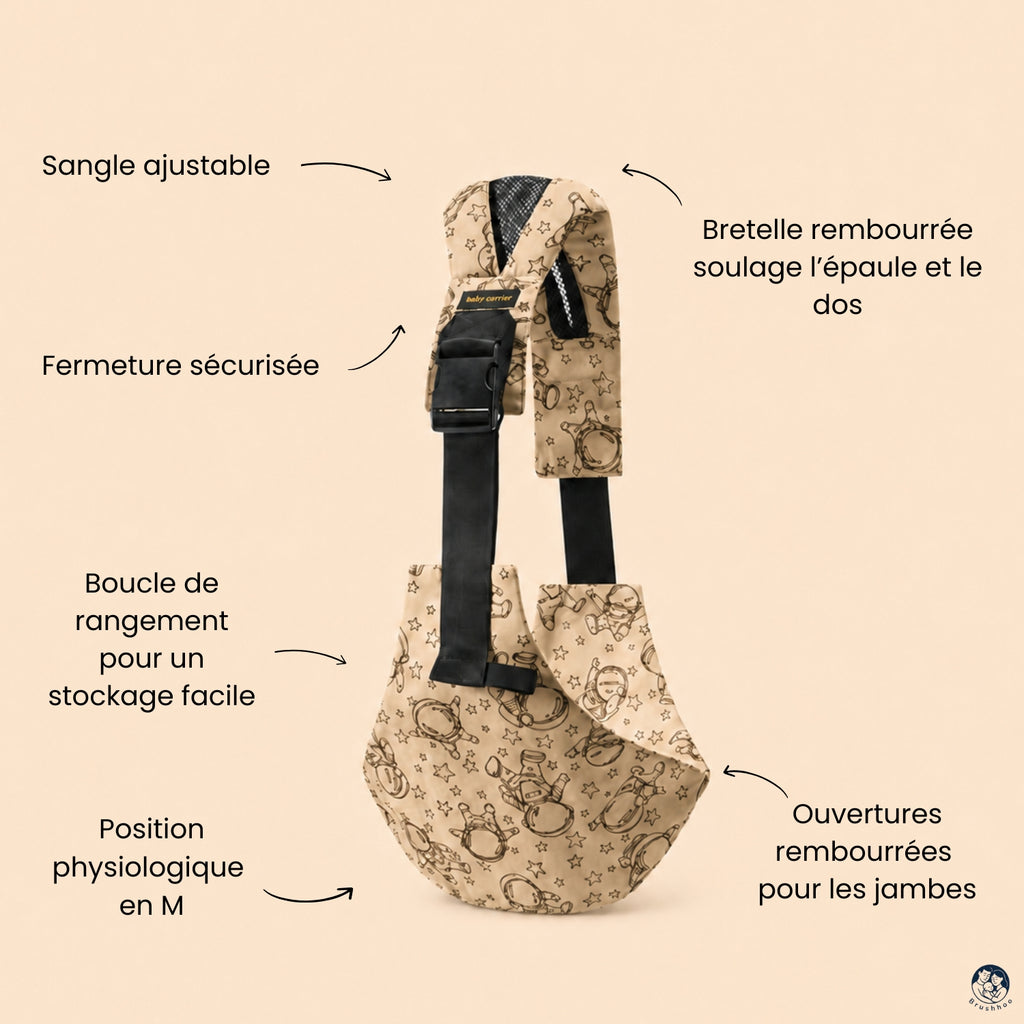 Vue du porte bébé sling cosmos sur un fond beige nuancier avec toutes les fonctions du sling brushhoo et les bienfaits
