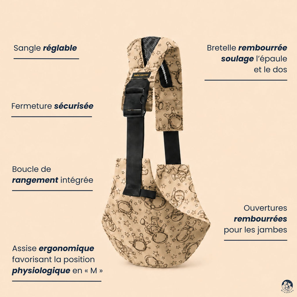 Vue du porte bébé sling cosmos sur un fond beige nuancier avec toutes les fonctions du sling brushhoo et les bienfaits