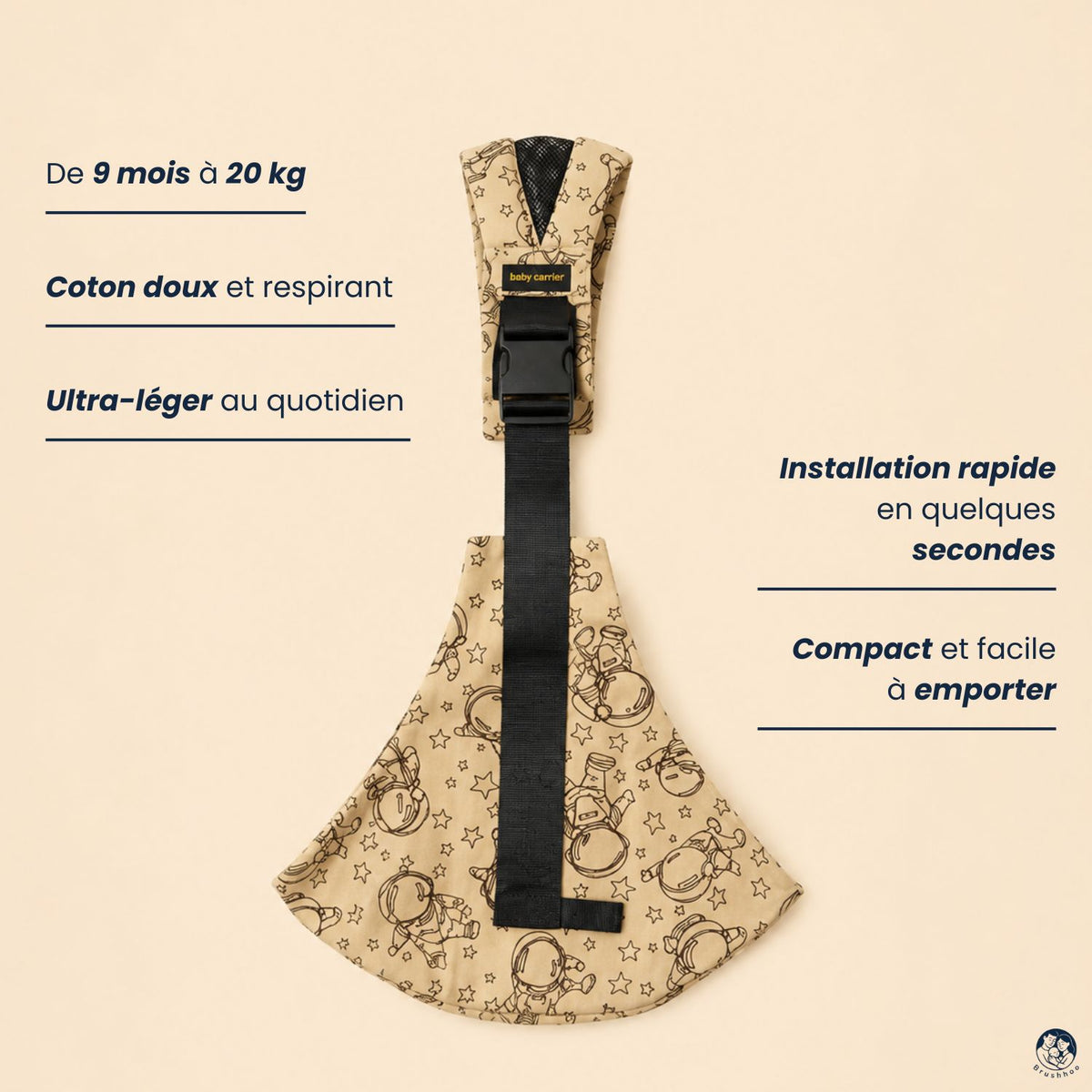 Vue du porte bébé sling cosmos de face sur un fond beige nuancier avec les bienfaits du porte-bébé
