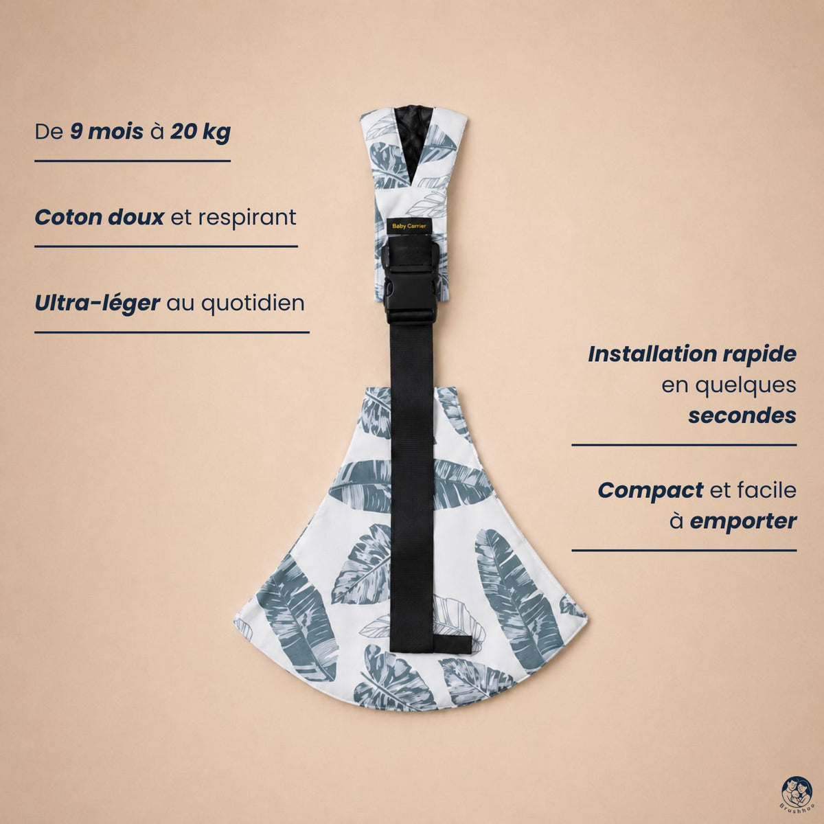 Vue de face du porte-bébé sling palmier bleu et blanc sur un fond nancier beige avec ses bienfaits