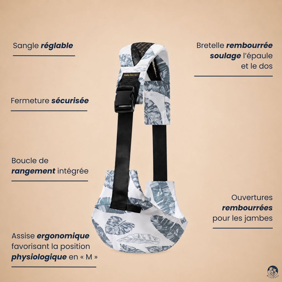 Vue de coté du porte-bébé sling palmier bleu et blanc avec ses bienfaits et fonctions principales.