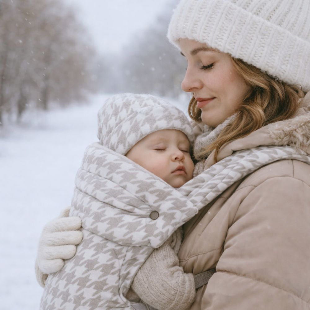 bébé apaisé dans le porte-bébé coloris pide-de-poule beige porté par sa maman 