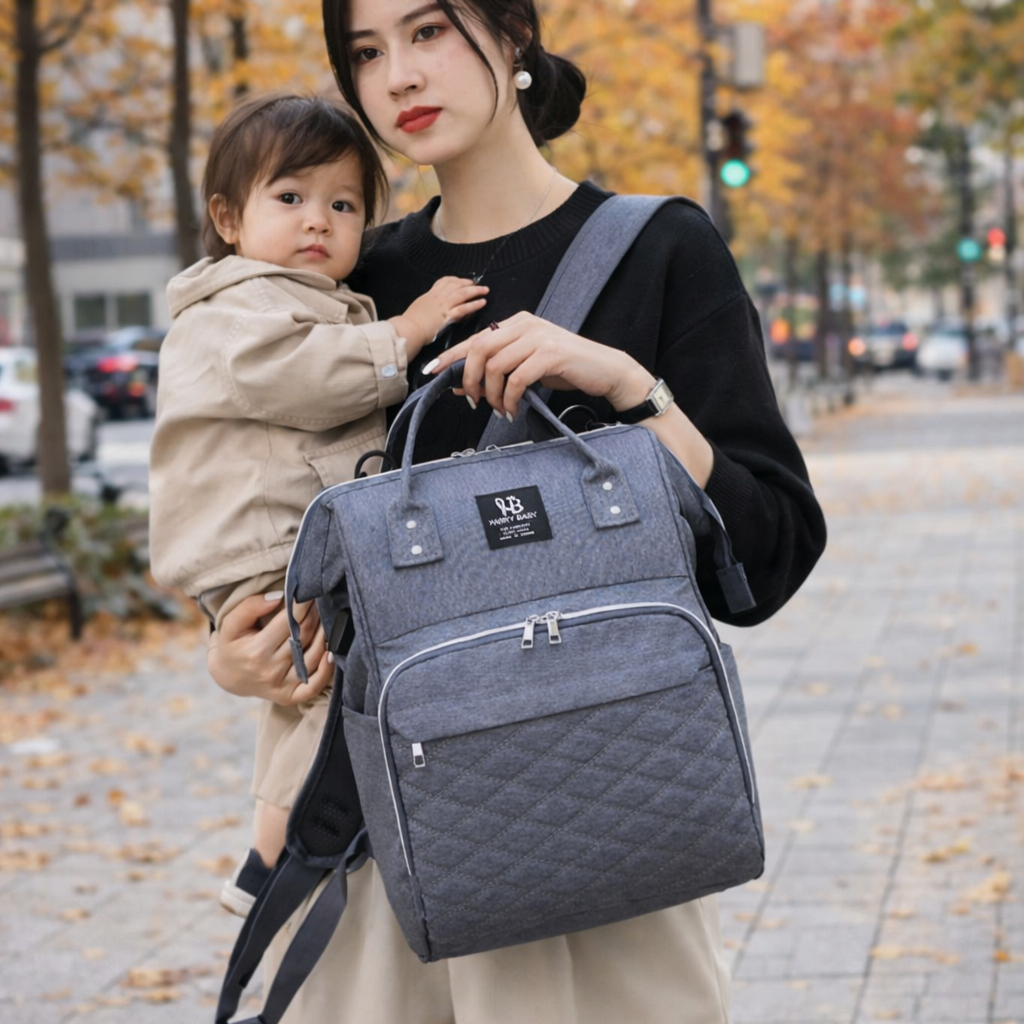 maman avec son bébé à la main et son sac à dos à langer gris pratique