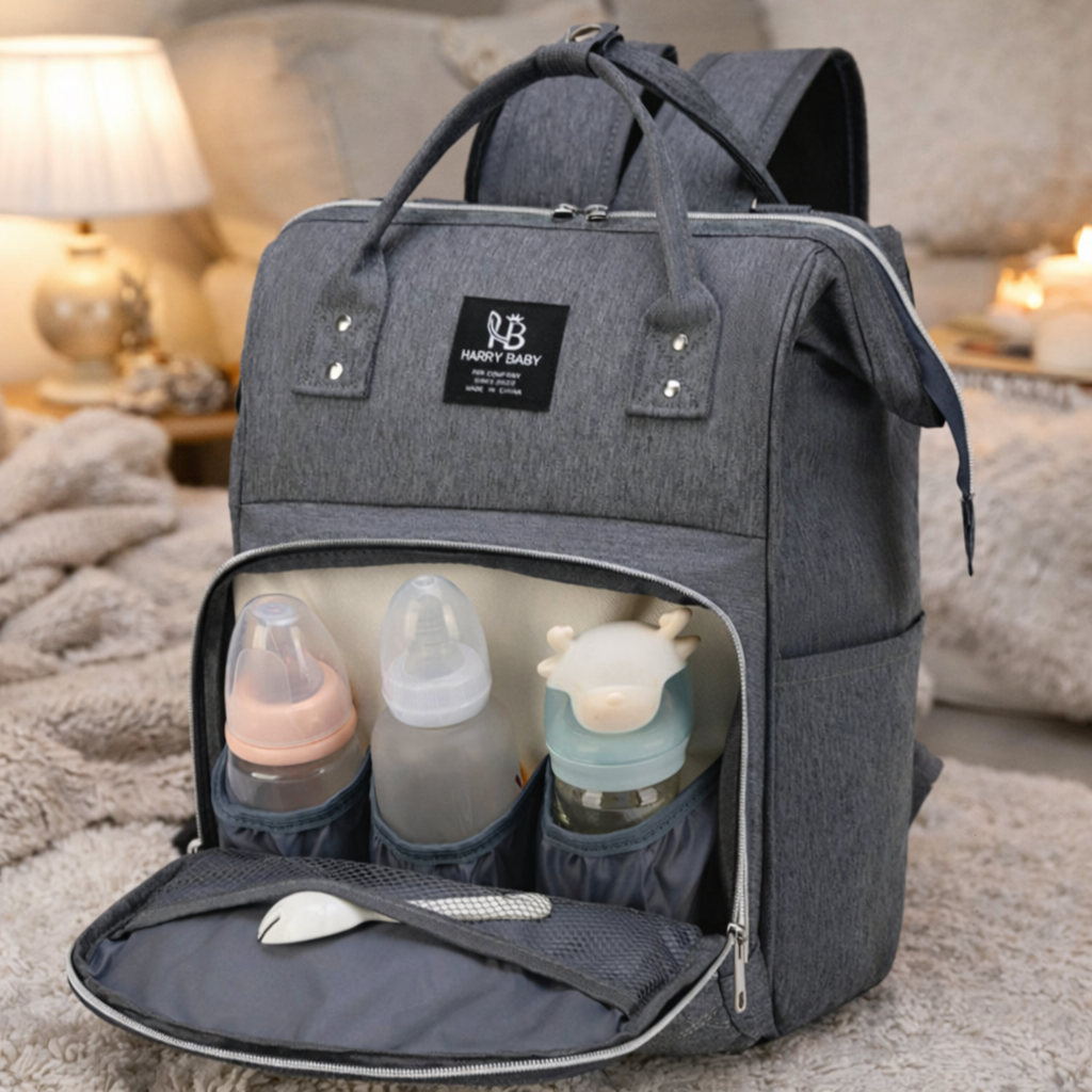 sac à dos à langer dans une ambiance cocooning, ouverture des compartiments pour voir tous les rangements