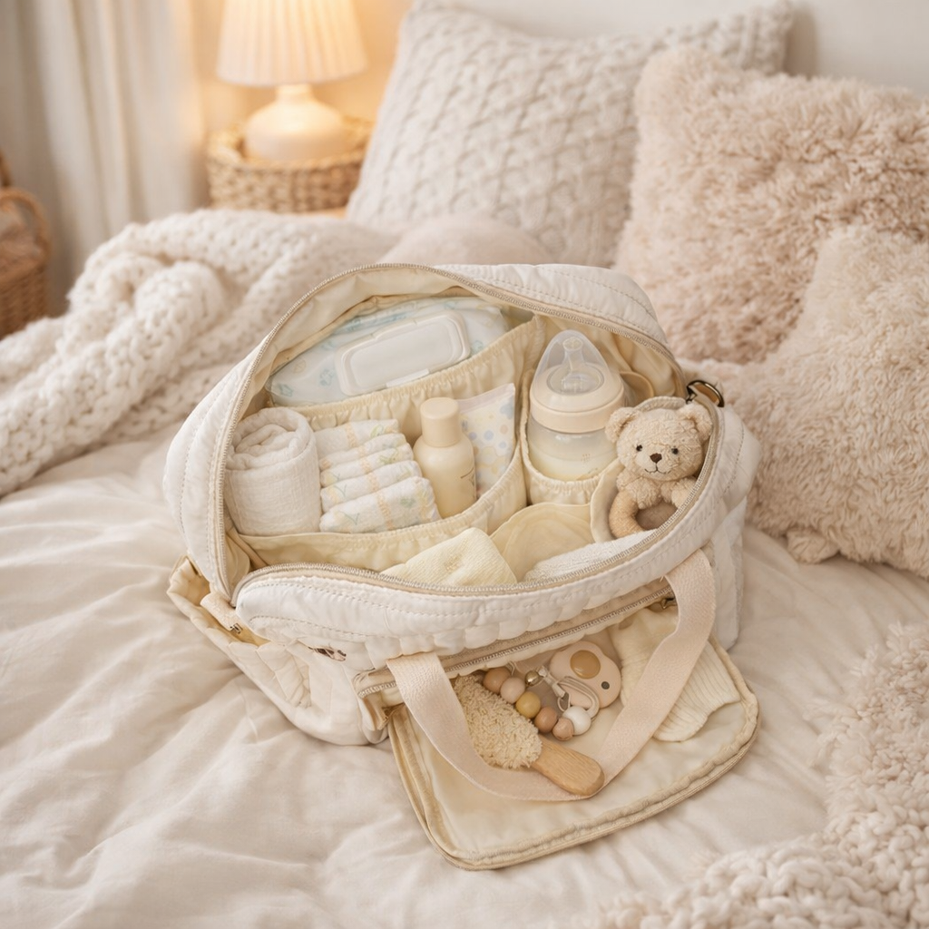 sac à langer motif avec le nécessaire pour une journée avec son bébé