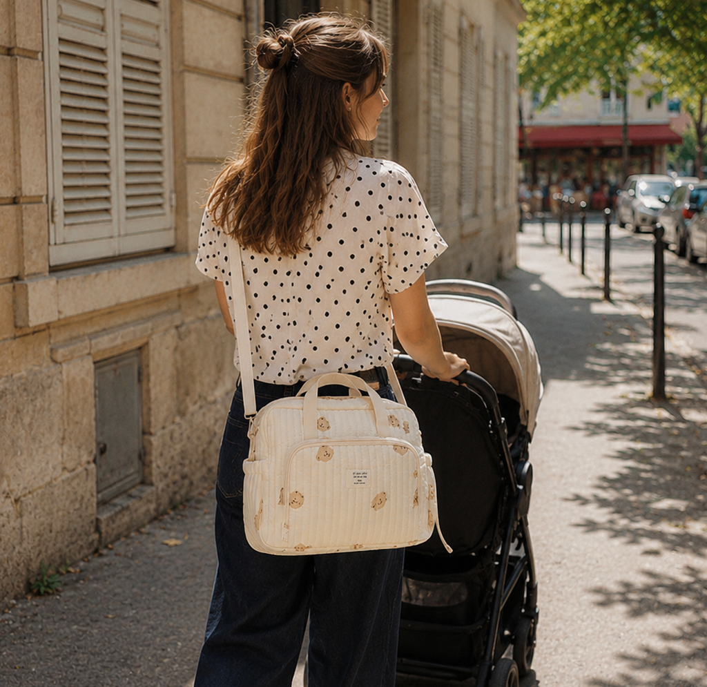 Maman brune qui se balade avec son sac à langer motif ourson dans la rue en train de pousser sa poussette