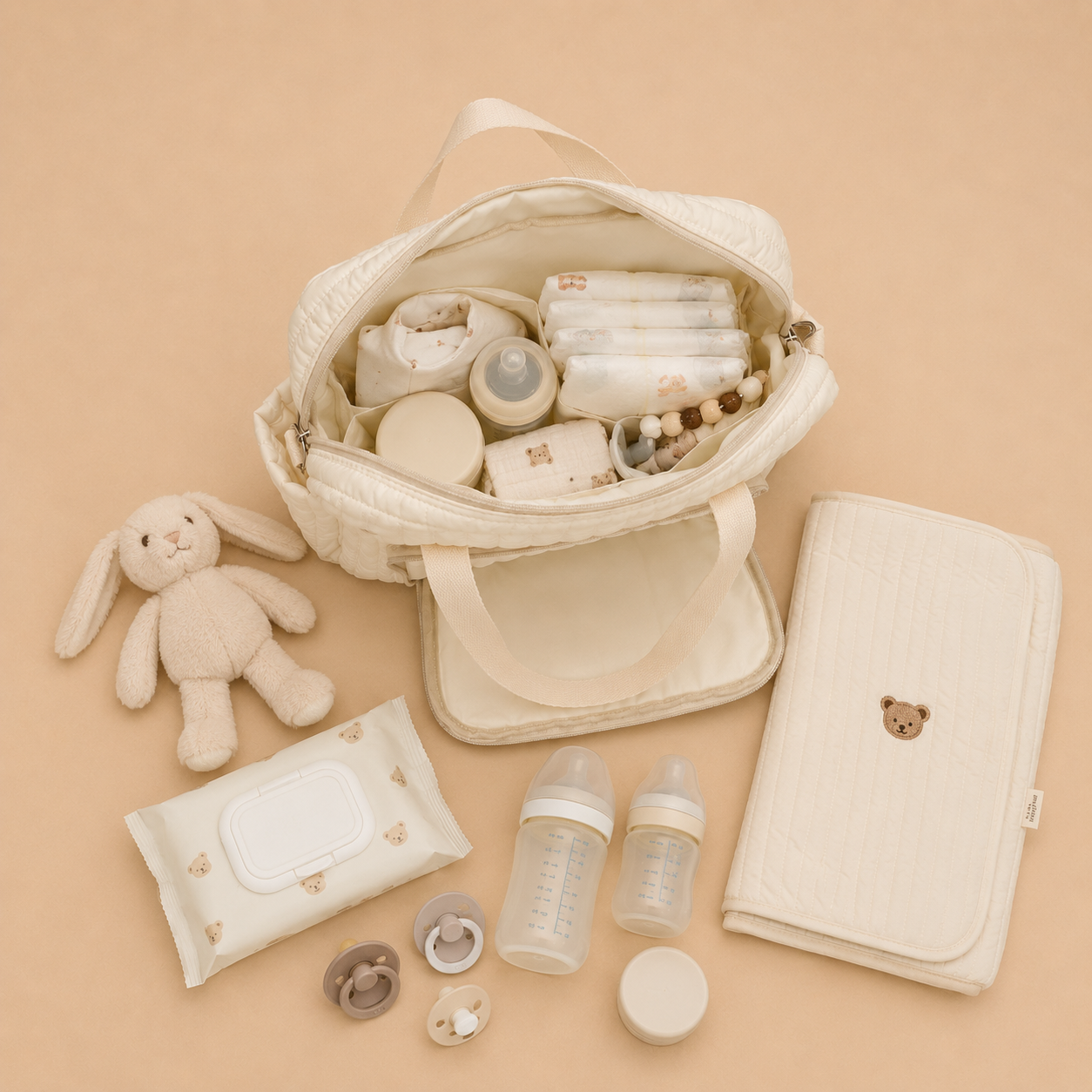 Sac à langer beige motif ourson avec l'essentiel d'une maman pour une journée avec bébé